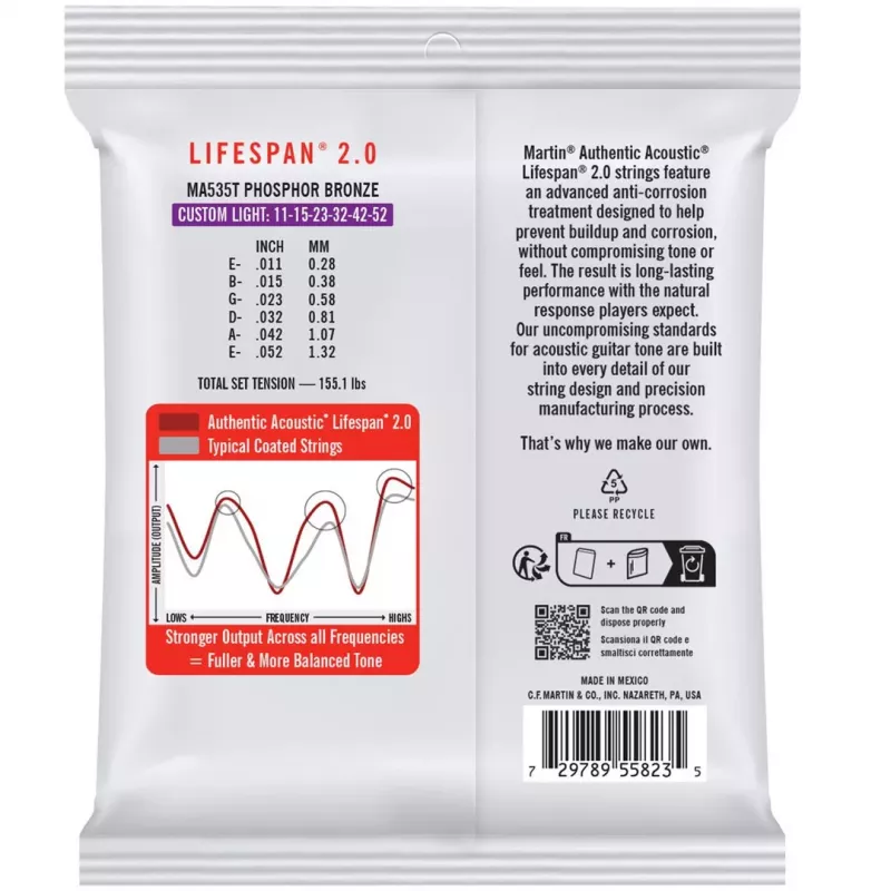 Martin MA535T Custom Light (11-52) Akustikgitarrensaiten - Lifespan 2.0 Phosphor Bronze