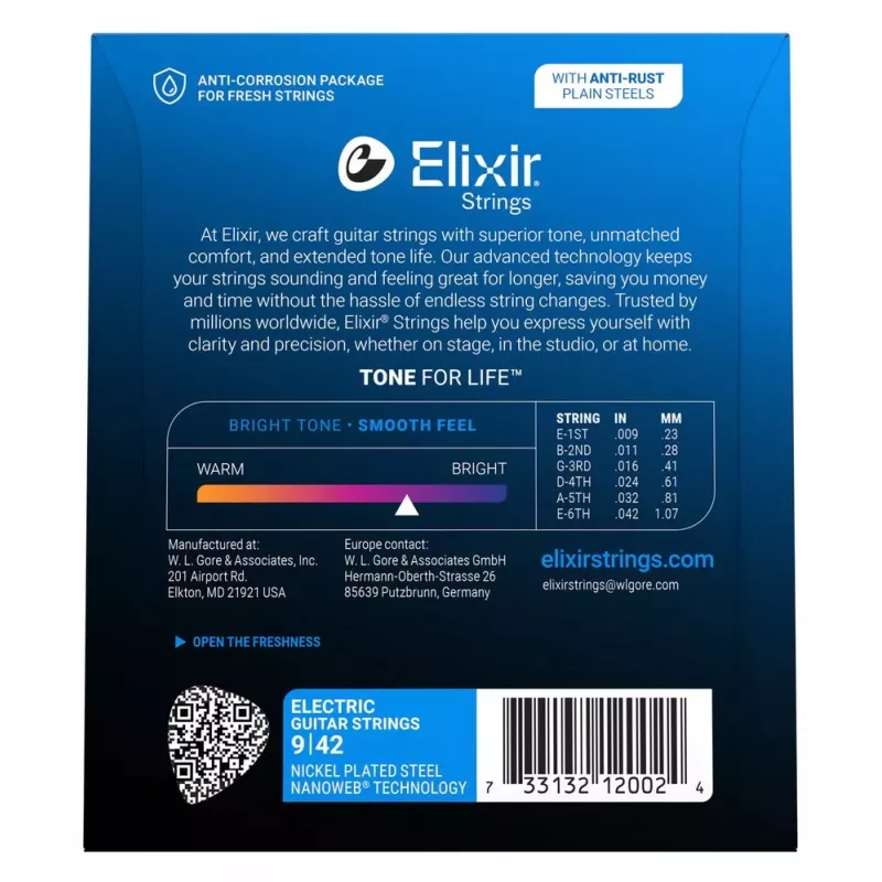 Elixir Strings 12002 Nanoweb E-Gitarrensaiten, Super Light .009-.042, 6er-Pack