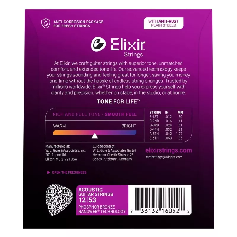 Elixir 16052 Phosphor Bronze Light NANOWEB Akustikgitarrensaiten (12-53)