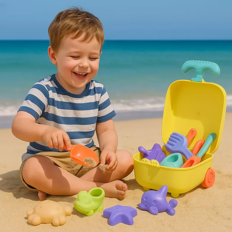 Koala Games G2670 Beach Trolley mit Zubehör - 7-teiliges Sandspielset für Kleinkinder, mehrfarbig