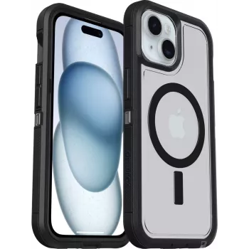 OtterBox Defender Series XT Clear Back Cover with Magnets MagSafe Compatible for Apple iPhone 13 14 15 16e - Dark Side (Clear/Black) 77-98196