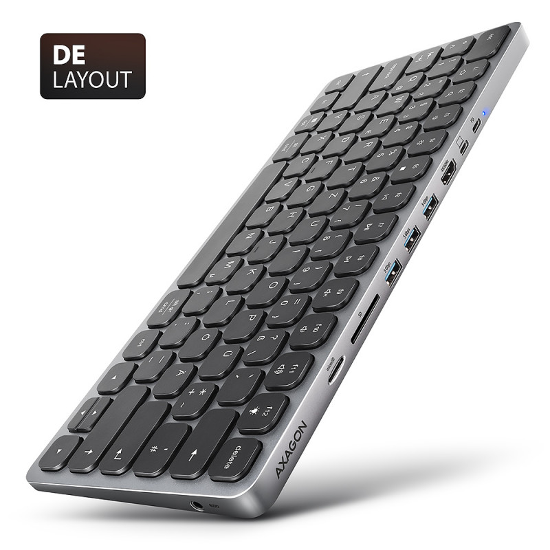 AXAGON HMC-KB-GE USB-C 5Gbps Tastatur mit 9-in-1-Hub, deutsches Layout, HDMI 4K, Gigabit Ethernet, 100W PD, Kartenleser, Schwarz