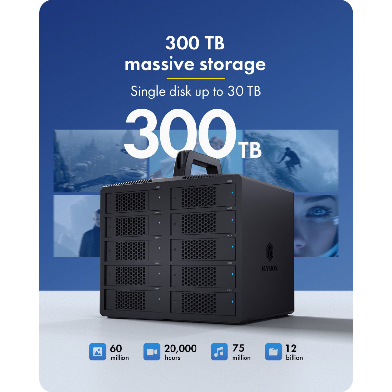 ICY BOX IB-3710-C31 10-Bay USB 3.2 Gen 2 JBOD Gehäuse für 2,5 Zoll/3,5 Zoll SATA HDD/SSD, Single Mode, USB-C zu C Kabel, 200 W Netzteil, Schwarz