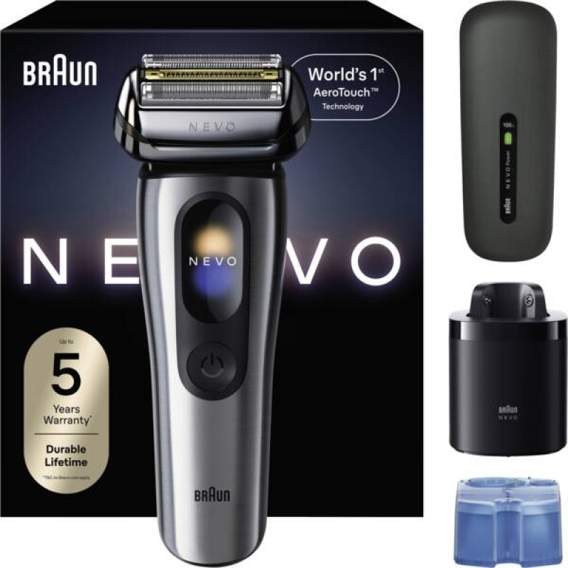 Braun NEVO 17000cc Elektrorasierer mit Clean&Charge Station, 5 Modi, 360°-Scherkopf, Chrom/Silber 349659