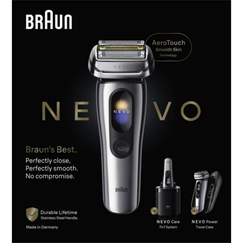 Braun NEVO 17000cc Elektrorasierer mit Clean&Charge Station, 5 Modi, 360°-Scherkopf, Chrom/Silber 349659
