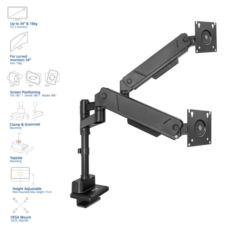 ACT AC8330 Dual-Monitorarm Gasfeder-Säulenhalterung für 2 Bildschirme bis 32 inch