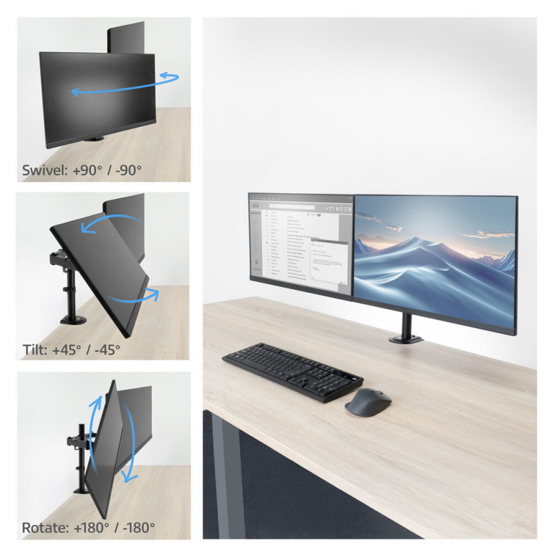 ACT AC8362 Dual-Monitorarm für 32-Zoll-Bildschirme, Gasfeder, Tischklemme & Tülle, Schwarz