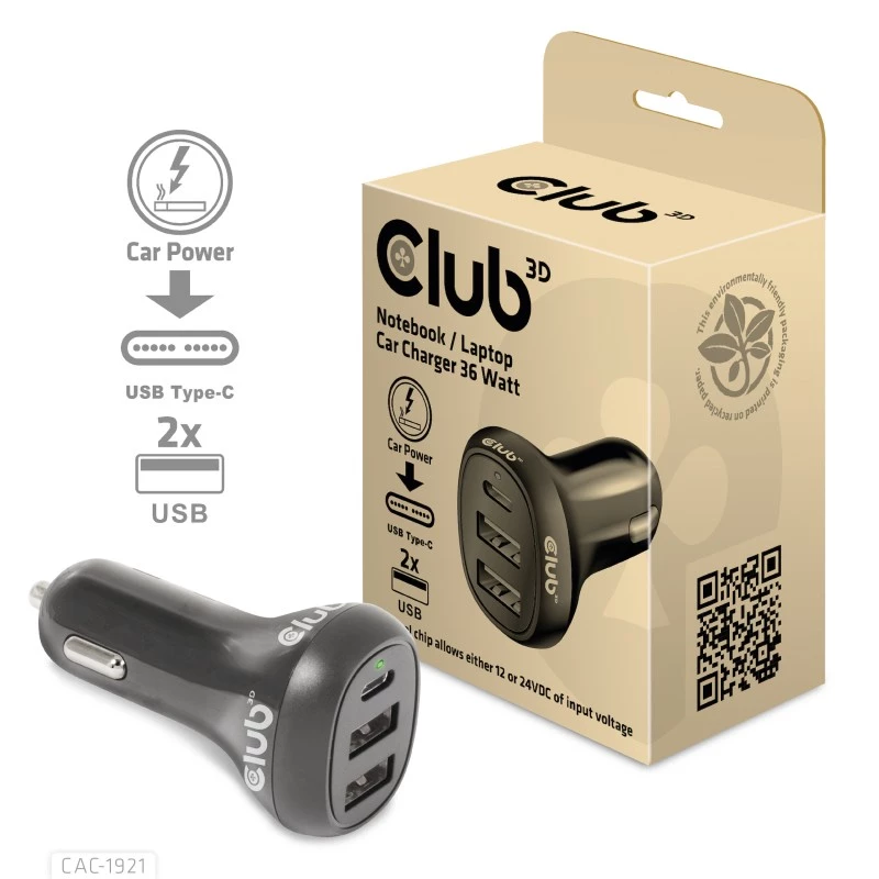 CLUB3D Notebook-/Laptop-Autoladegerät 36 Watt, Auto, Zigarettenanzünder, 24 V, Schwarz