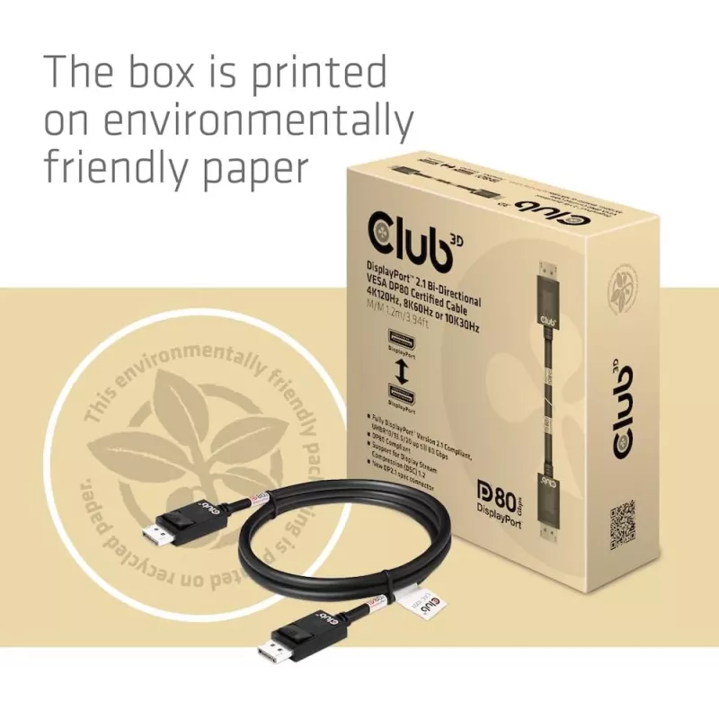 CLUB3D DisplayPort 2.1 Bi-Direktionales VESA DP80 Zertifiziertes Kabel 4K240Hz, 8K60Hz oder 10K30Hz M/M 1,2 m