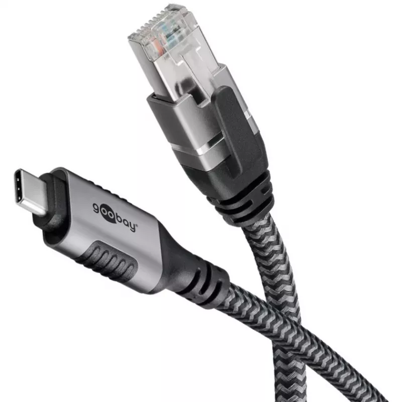 Ethernet-Kabel USB-C 3.2 Gen2 Stecker > RJ-45 Stecker, LAN-Adapter schwarz/Silber, 2 Meter, geflochtener Textilmantel