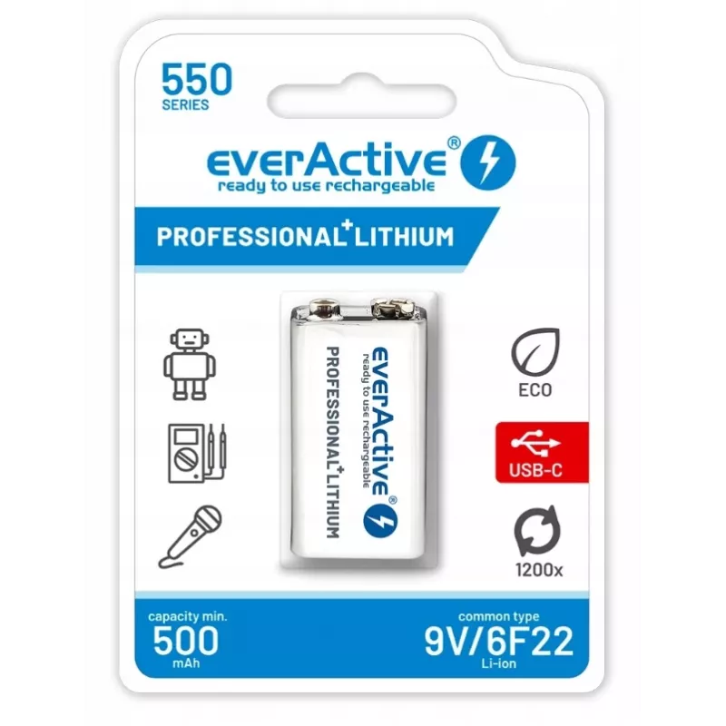Rechargeable battery everActive 6F22/9V Li-ion 550 mAh with USB TYPE C