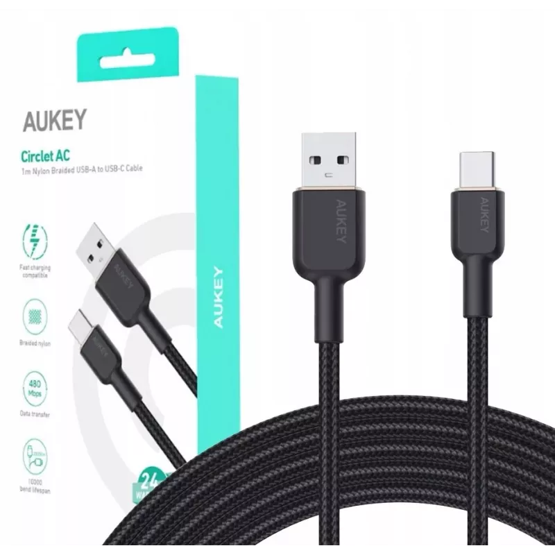 USB-A-auf-USB-C-Kabel Aukey CB-NAC1, 1 m, geflochtenes Nylon, USB PD 60 W, USB 2.0