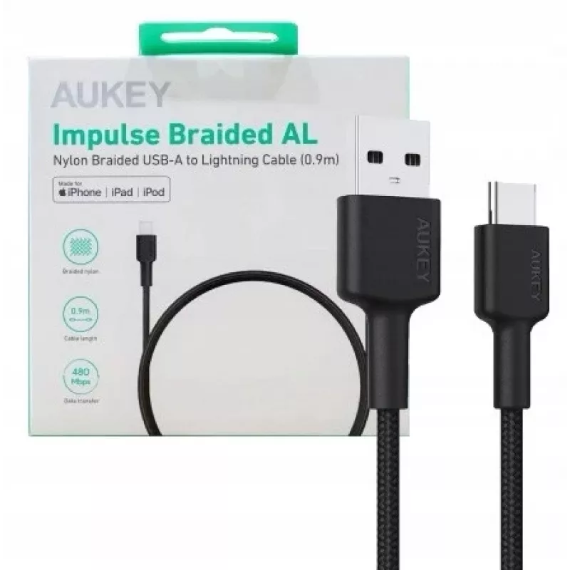 USB-A-auf-USB-C-Kabel AUKEY CB-CD30 0,9 m – Schwarz, geflochten, USB PD 3.0, 0,48 Gbit/s