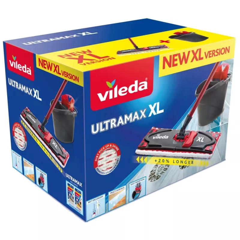VILEDA Wischmopp Ultramax XL Box — waschbarer Mikrofaser-360°-Drehkopf, faltbar, für Hartböden