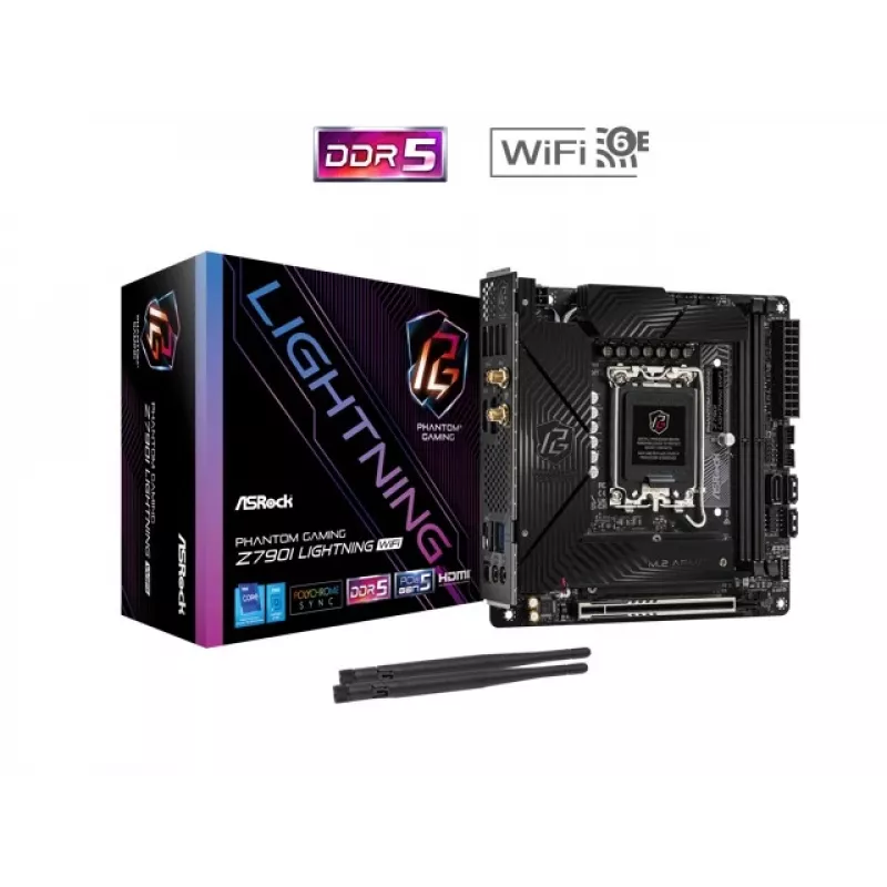 Mainboard ASRock Z790I LIGHTNING WIFI — Intel Z790, LGA 1700, Mini-ITX, DDR5 bis 8600 MHz, 2x DIMM, Wi‑Fi 6E, 2.5Gb LAN, 2x M.2