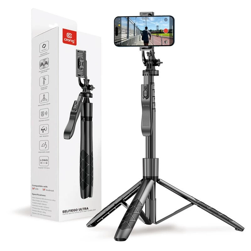 Stativ-Selfie-Stick Crong CRGSGU1BLK Aluminium Bluetooth mit klappbaren Beinen und Handyhalterung