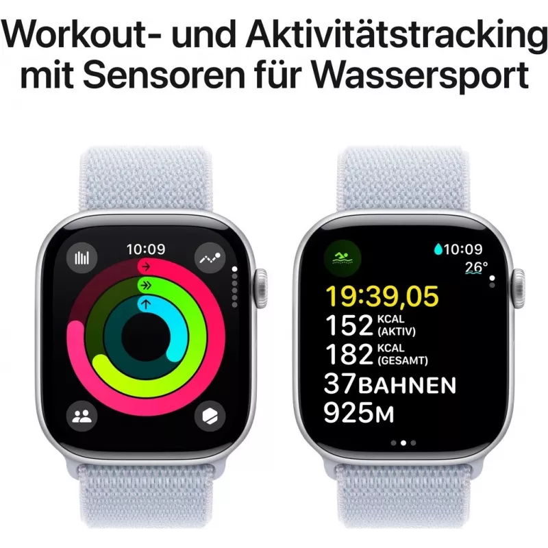 APPLE Watch Series 10 GPS 46 mm Silbernes Aluminiumgehäuse mit Blue Cloud Sport Loop