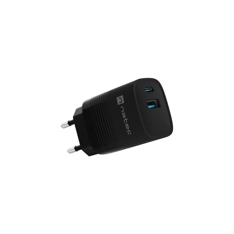 NATEC kabelgebundenes Ladegerät für Mobilgeräte NUC-2141, 30W, USB-C PD 3.0 + USB-A QC 3.0, 110–240V, schwarz