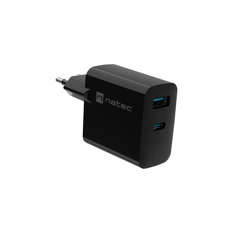 Kabelgebundes Mobilgeräte-Ladegerät NATEC NUC-2143, 45 W, USB-C PD 3.0 + USB-A QC 3.0, 110–240 V, Schwarz