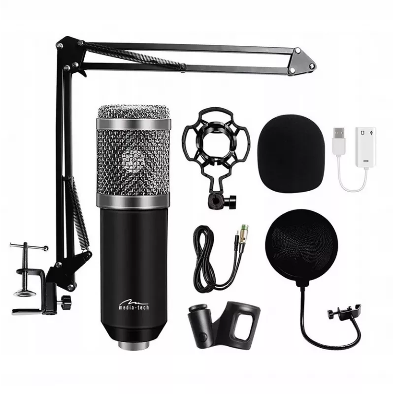 PC-Mikrofon MEDIA-TECH MT397S — kabelgebunden, XLR-Eingang, 20–20000 Hz, 150 Ω, -32 dB, 2,4 m Kabel, Tischständer, schwarz