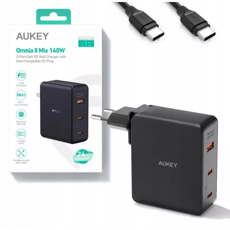 Wandladegerät Aukey PA-B7O, 3×USB, GaN-Technologie