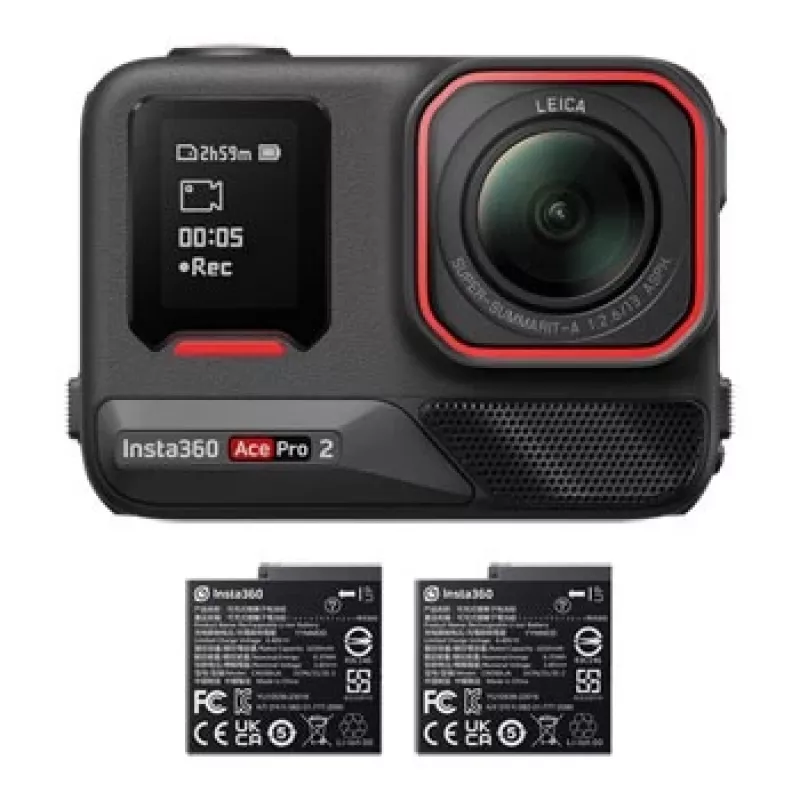 Action-Sportkamera Insta360 Ace Pro 2 — 50 MP, 8K Ultra HD (7680×3272), 1/1,3-Zoll-Sensor, bis zu 240 fps, integriertes Display, Wi‑Fi, MicroSD, 177,7 g, Schwarz