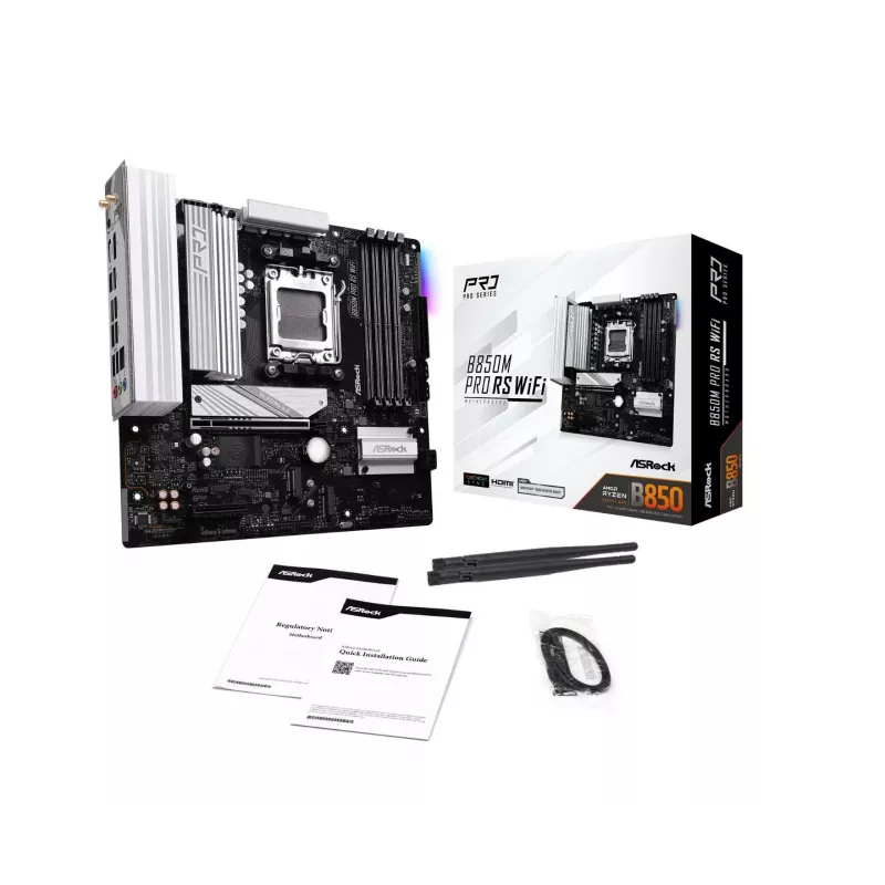 ASRock B850M Pro RS WiFi Mainboard — AMD B850, Socket AM5, microATX, DDR5, 4 DIMM, 256GB, Wi‑Fi 6E, 2.5Gb LAN, 3x M.2