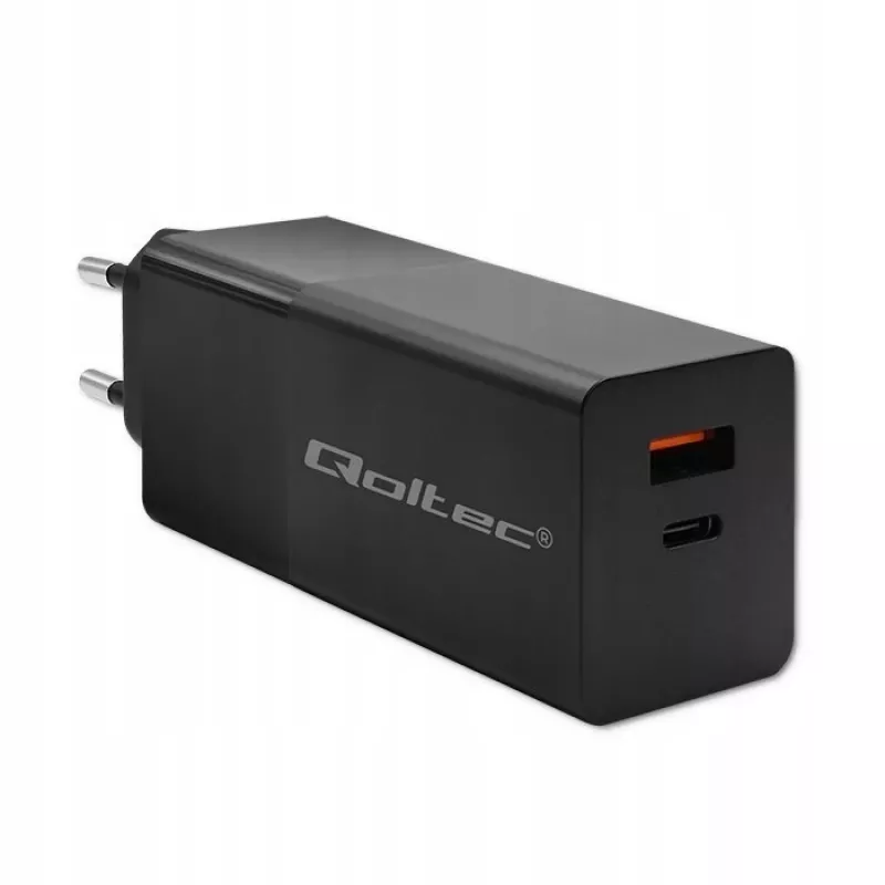 Qoltec 52382 GaN POWER PRO Ladegerät | 1xUSB Typ C | 1xUSB A | 100W | 5-20V | 1.5-5A | PD | Schwarz