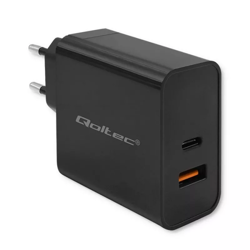 Qoltec 52381 Super Quick PD-Ladegerät | 1xUSB-C | 1xUSB | 90W | 5-20V | 2,4-4,35A | Schwarz