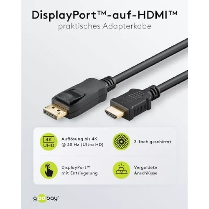 DisplayPort 1.2 auf HDMI Adapterkabel 1.4 4K @ 30Hz / Ultra High Speed HDMI Kabel / vergoldeter Stecker für einwandfreie Signalübertragung / Laptop