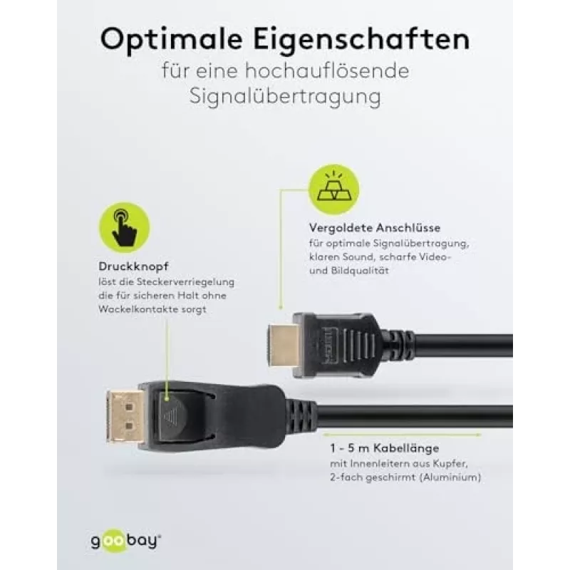 DisplayPort 1.2 auf HDMI Adapterkabel 1.4 4K @ 30Hz / Ultra High Speed HDMI Kabel / vergoldeter Stecker für einwandfreie Signalübertragung / Laptop
