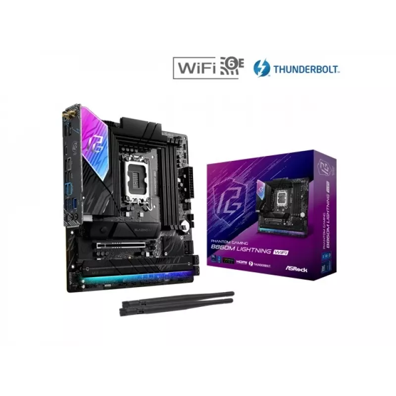 Mainboard ASRock B860M Lightning WiFi — Intel B860, LGA1851, microATX, DDR5, 4 DIMM, Wi‑Fi 6E, 2.5Gb LAN, Thunderbolt 4