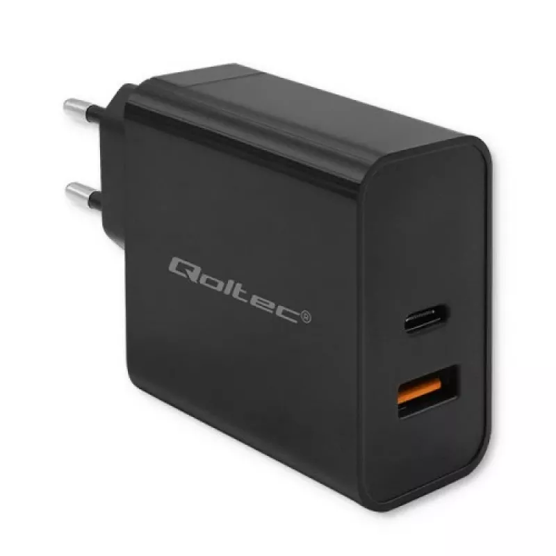 Qoltec 52380 Super Quick PD-Ladegerät | 1xUSB-C | 1xUSB | 65W | 5-20V | 1,5-3,25A | Schwarz