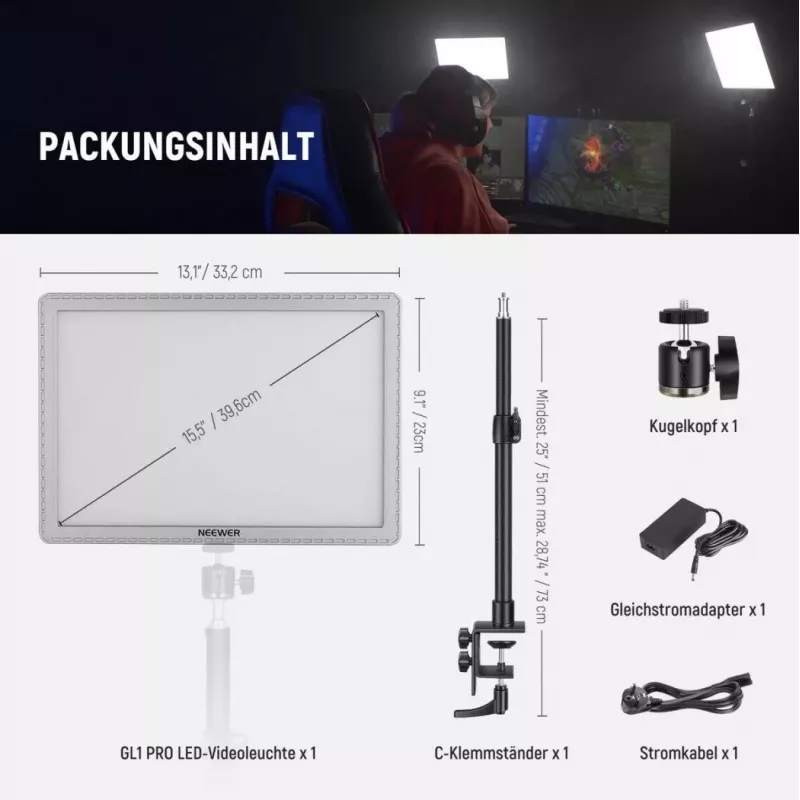 LED-Lampe Neewer GL1 Pro 2900–7000K tragbares Bi-Color-Studiolicht mit einstellbarer Farbtemperatur