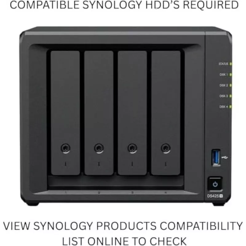 NAS-Speicherserver SYNOLOGY DS425+ — 4-Bay, Intel Celeron J4125 2,0–2,7 GHz, 2 GB DDR4, 0 TB, 2,5GbE, 2 M.2-Steckplätze