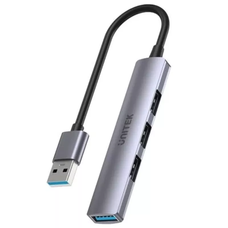 USB-Hub Unitek H1208A — 4 Ports (1 × USB 3.2 Gen 1 Typ-A, 3 × USB 2.0), Aluminiumgehäuse, grau, 0,20 m Kabel