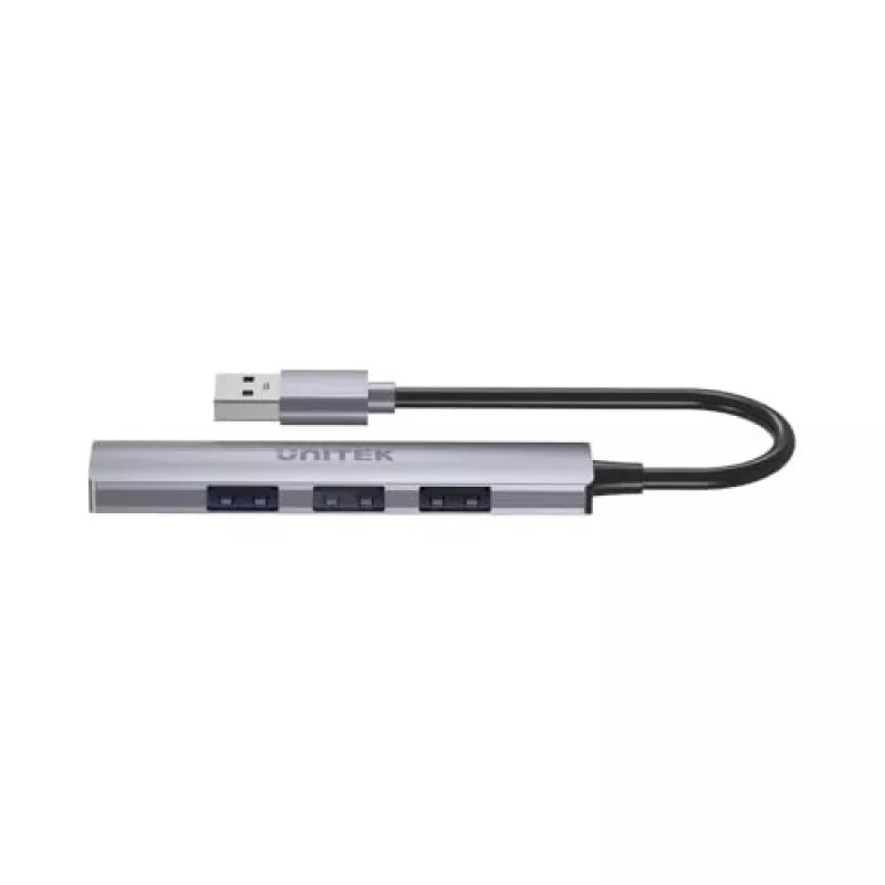 USB-Hub Unitek H1208A — 4 Ports (1 × USB 3.2 Gen 1 Typ-A, 3 × USB 2.0), Aluminiumgehäuse, grau, 0,20 m Kabel