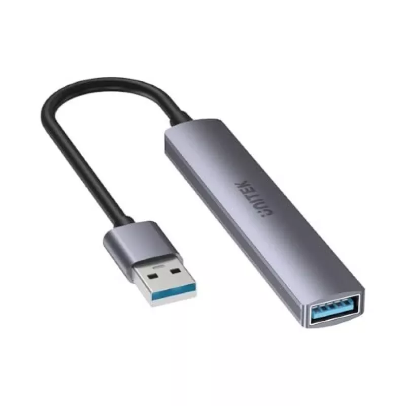 USB-Hub Unitek H1208A — 4 Ports (1 × USB 3.2 Gen 1 Typ-A, 3 × USB 2.0), Aluminiumgehäuse, grau, 0,20 m Kabel