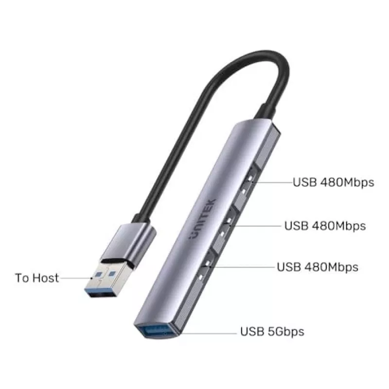 USB-Hub Unitek H1208A — 4 Ports (1 × USB 3.2 Gen 1 Typ-A, 3 × USB 2.0), Aluminiumgehäuse, grau, 0,20 m Kabel