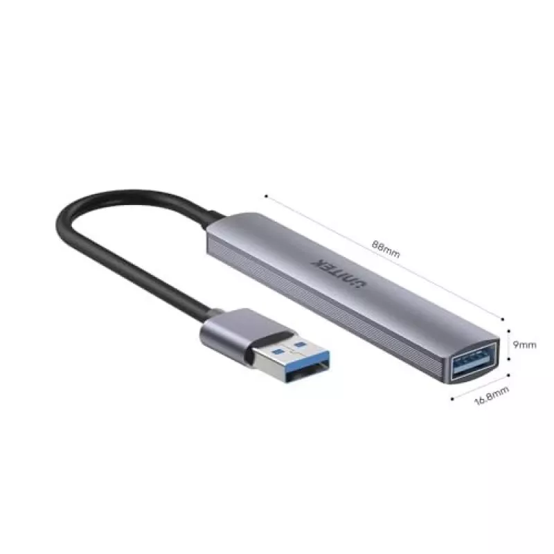 USB-Hub Unitek H1208A — 4 Ports (1 × USB 3.2 Gen 1 Typ-A, 3 × USB 2.0), Aluminiumgehäuse, grau, 0,20 m Kabel