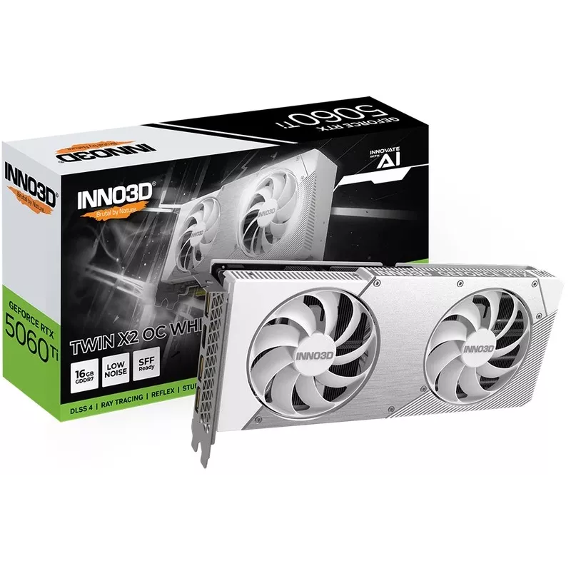 Grafikkarte Inno3D GeForce RTX 5060 Ti — 16 GB GDDR7, PCIe 5.0, 448 GB/s, 250 mm, 2-Slot, weiß