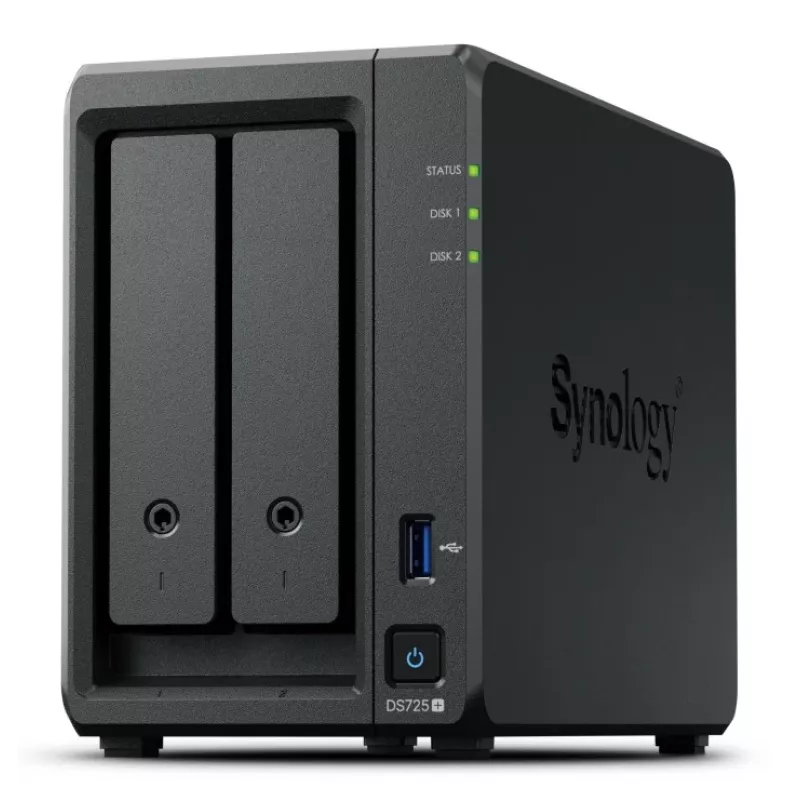 NAS Synology DiskStation DS725+ 2-Bay Ryzen R1600 4GB DDR4 ECC, 2.5GbE, 2x M.2, RAID-Unterstützung, 0TB, Schwarz