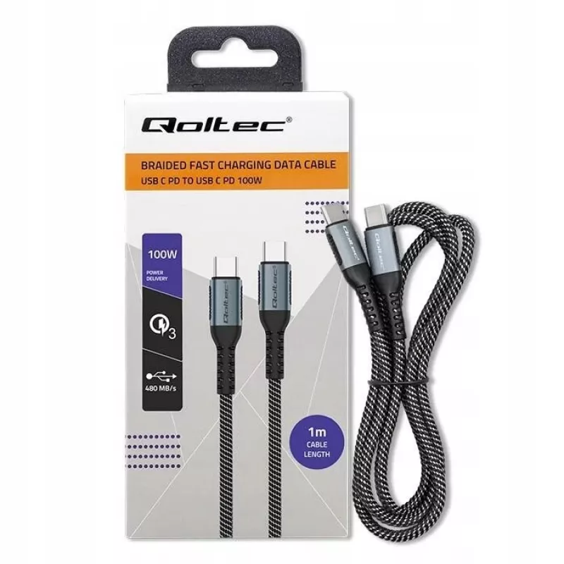 Qoltec Kabel USB 2.0 Typ C auf USB 2.0 Typ C 100W QC 3.0 PD 1m Schwarz