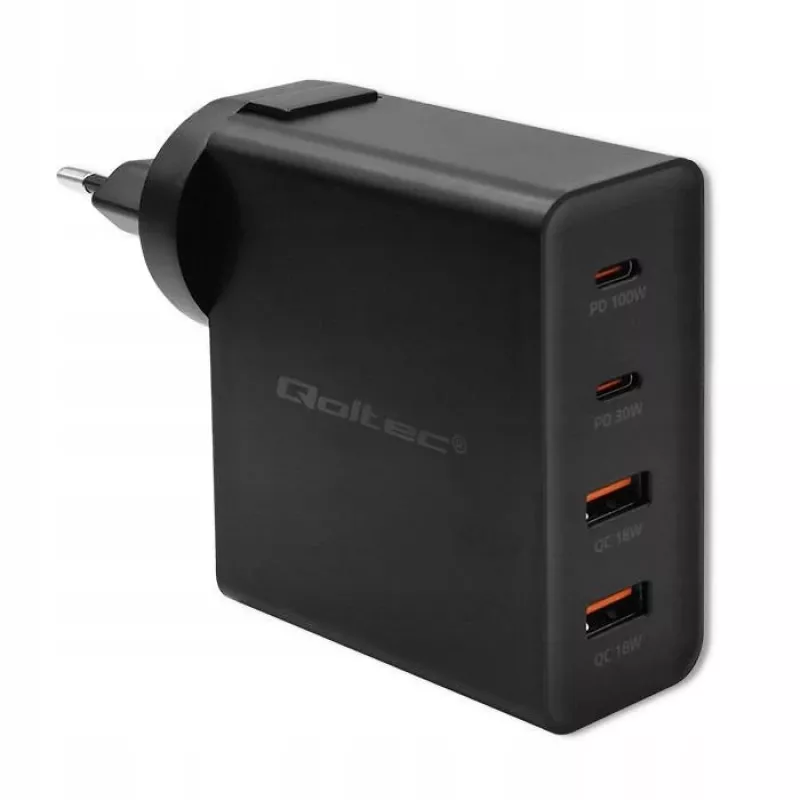 Qoltec GaN POWER PRO Ladegerät | 2xUSB-C | 2xUSB | 130W | 5-20V | 1.5-5A | XP | Schwarz