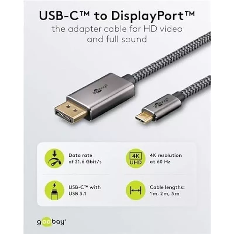 Goobay USB-C auf DisplayPort Kabel – vergoldete Stecker, Ultra HD Auflösungen bis zu 4K @ 60 Hz, Typ C Thunderbolt 3/4 zu DP Adapter kompatibel mit