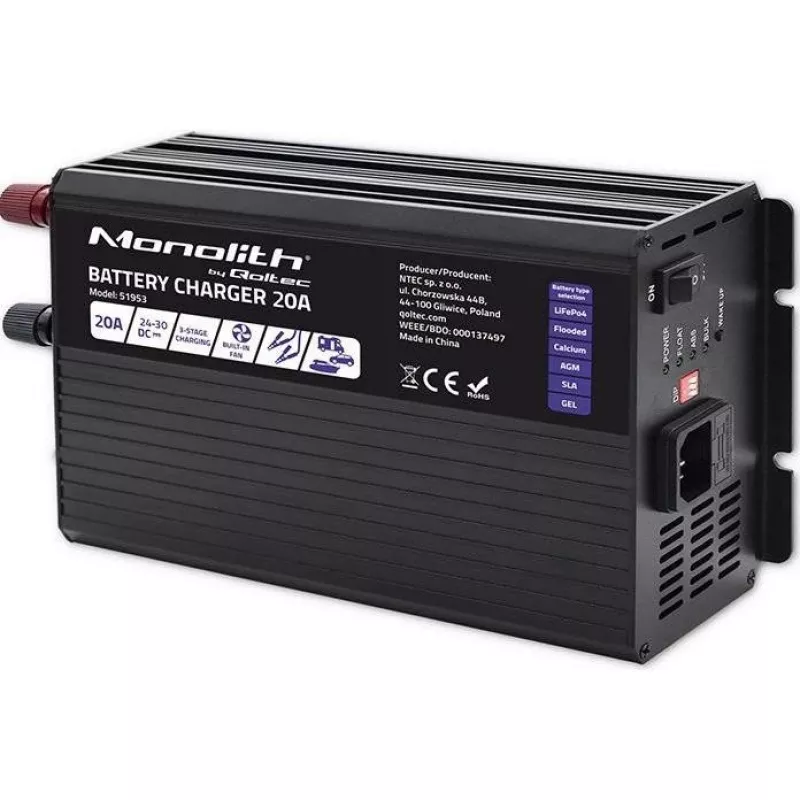 Qoltec Smart Monolith Batterieladegerät für LiFePO4 AGM GEL SLA Akkus | 20A | 24V
