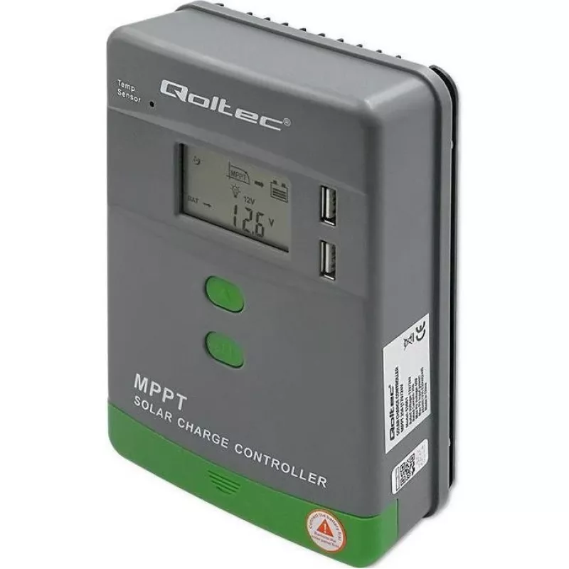 Qoltec, Solar-MPPT-Laderegler mit Temperatursensor 20A 12V/24V Display LCD 2 X USB