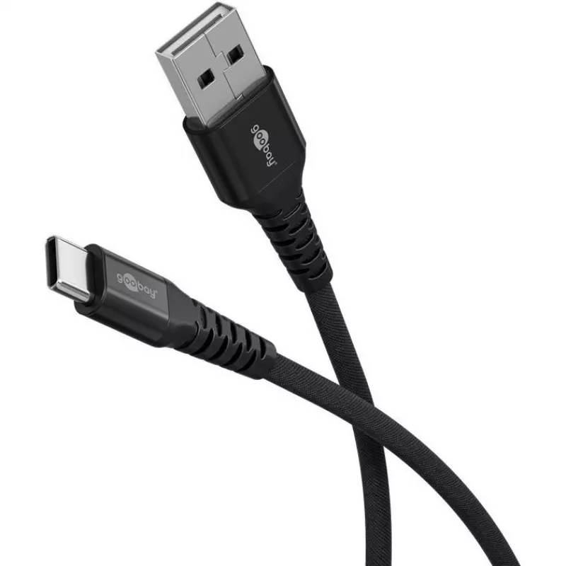 Goobay USB-C Kabel Fabric Supersoft mit Metallsteckern, 2 m, Schwarz (2m, USB 2.0, 60W), USB-Kabel