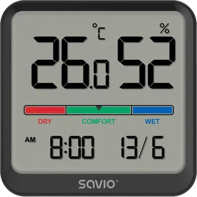 Innenraum-Temperatur- und Feuchtigkeitssensor SAVIO CT-01/B freistehend, LCD, -10–55 °C, 10–99 % rF, CR2032