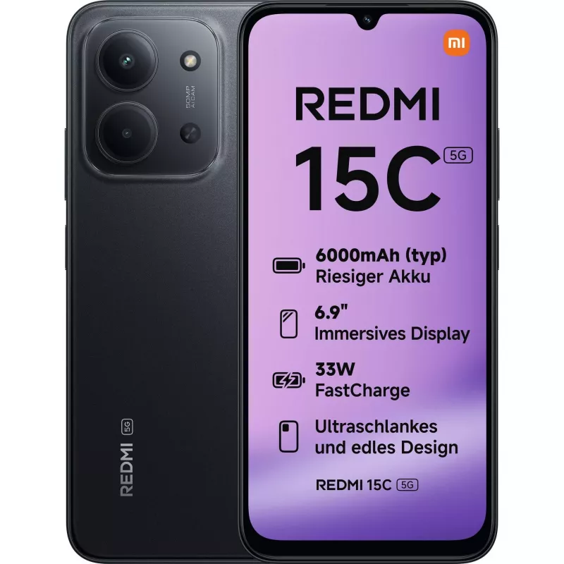 Xiaomi Redmi 15C | Midnight Black | 6,9 Zoll | IPS LCD | 720 x 1600 Pixel | Interner RAM 4 GB | 128 GB | Dual SIM | 5G | Hauptkamera 50 MP | Sekundärkamera